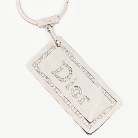 Dior Silver-Tone Rhinestone Logo Plaque Keychain - Picture 1 of 5